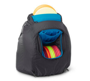 A view of an L series rain cover on a GRIPeq bag from front with the flap open and the discs viewable inside.