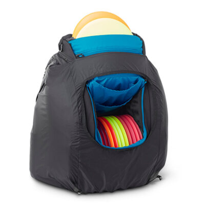 A view of an L series rain cover on a GRIPeq bag from front with the flap open and the discs viewable inside.