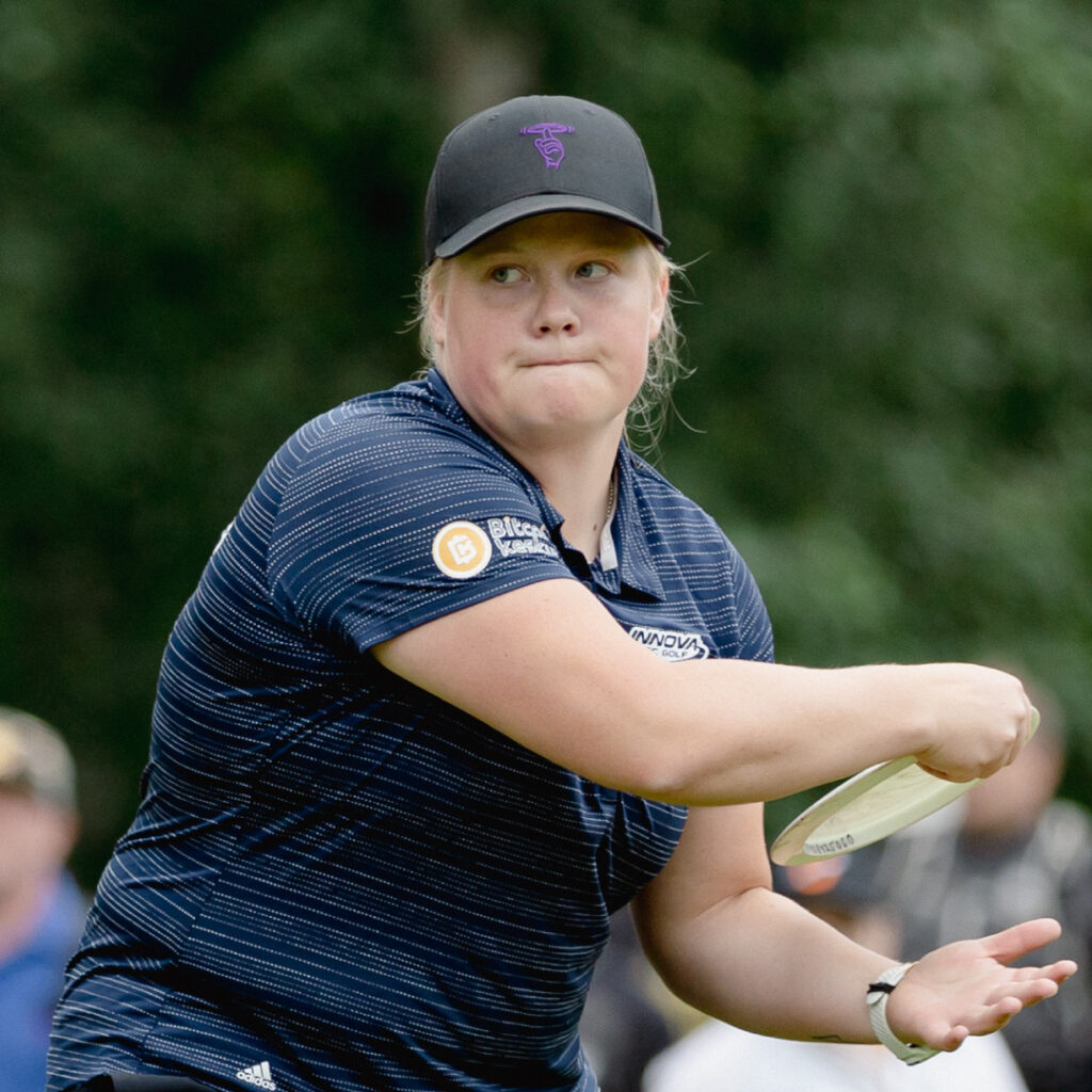 Eveliina Salonen pulls her arm back in preparation for a backhand throw.
