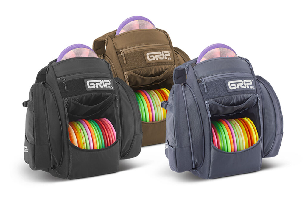 A black, sand, and gray GRIPeq BX3 disc golf bag.