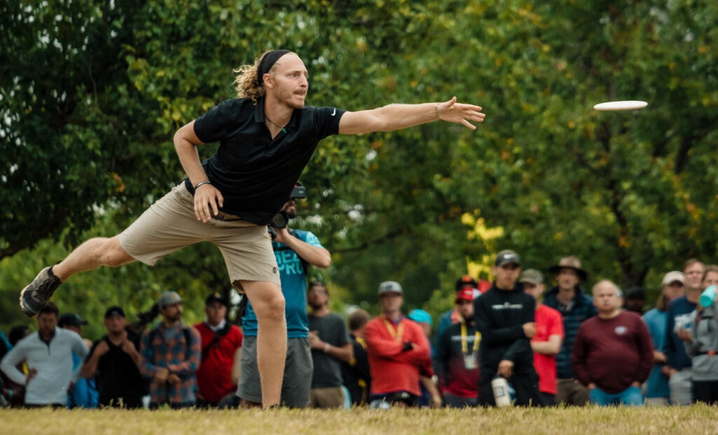 Team GRIPeq member Chris Clemons right after releasing a disc.