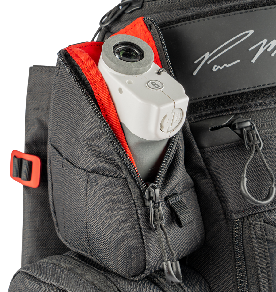 A detail shot of the MB-PX1 bag from GRIPeq, showing the side pocket with a rangefinder in it.