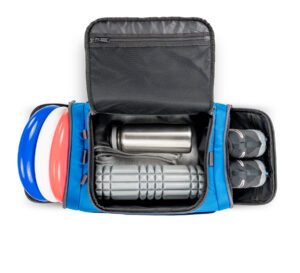 Blue ultimate sports duffelfully loaded with discs, clothing, and shoes