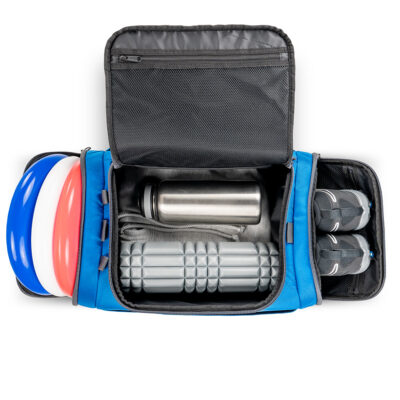 Blue ultimate sports duffelfully loaded with discs, clothing, and shoes