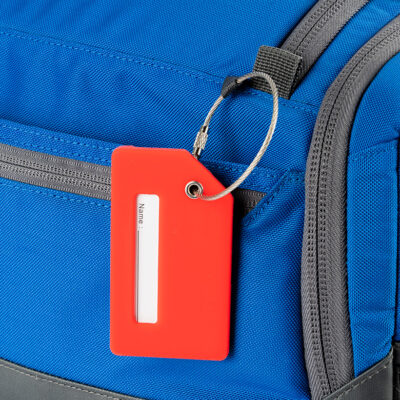 Blue disc golf duffel with name tag
