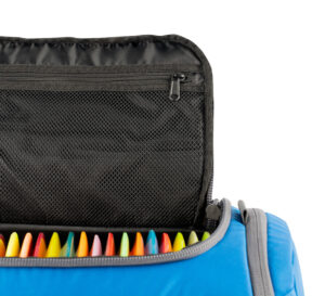 Blue disc golf duffel opened and filled with discs
