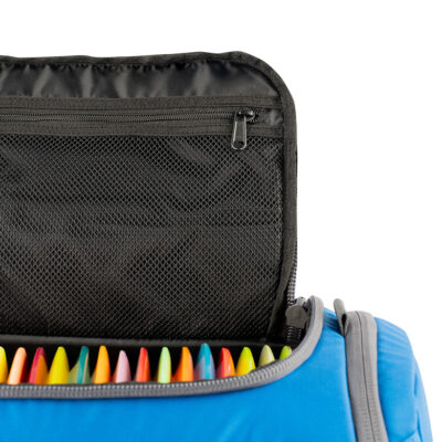 Blue disc golf duffel opened and filled with discs