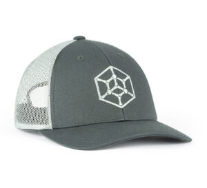 A gray trucker cap with a white hex logo on the front.